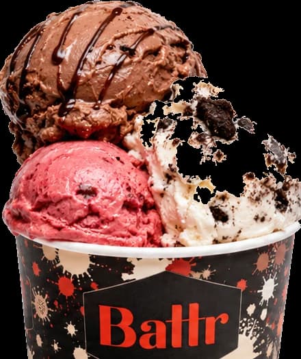 Three scoops of gelato — chocolate, raspberry and cookies and cream — in a branded Battr tub.